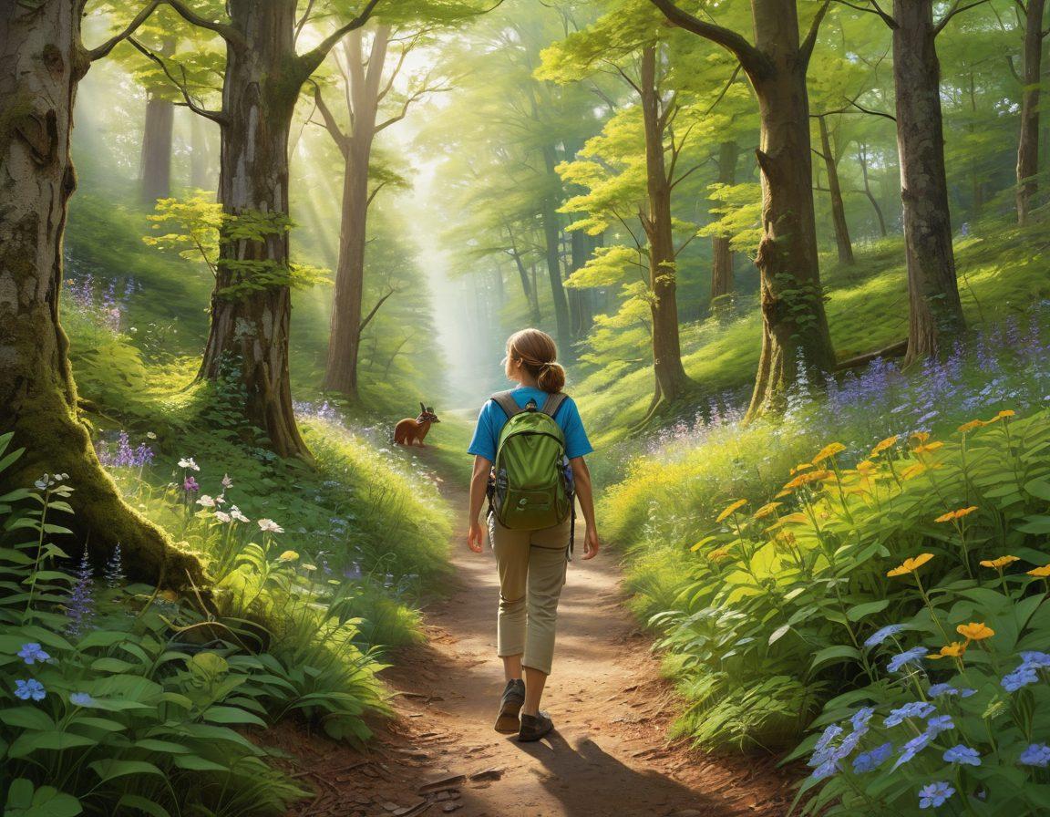 A serene woodland scene filled with vibrant green trees and dappled sunlight streaming through the leaves. In the foreground, a joyful explorer with a backpack, looking up in awe, surrounded by playful woodland creatures like squirrels and birds, embodying the spirit of adventure. Include lush underbrush with blooming wildflowers and a winding path leading deeper into the forest. The atmosphere should evoke a sense of wonder and positivity. super-realistic. vibrant colors.