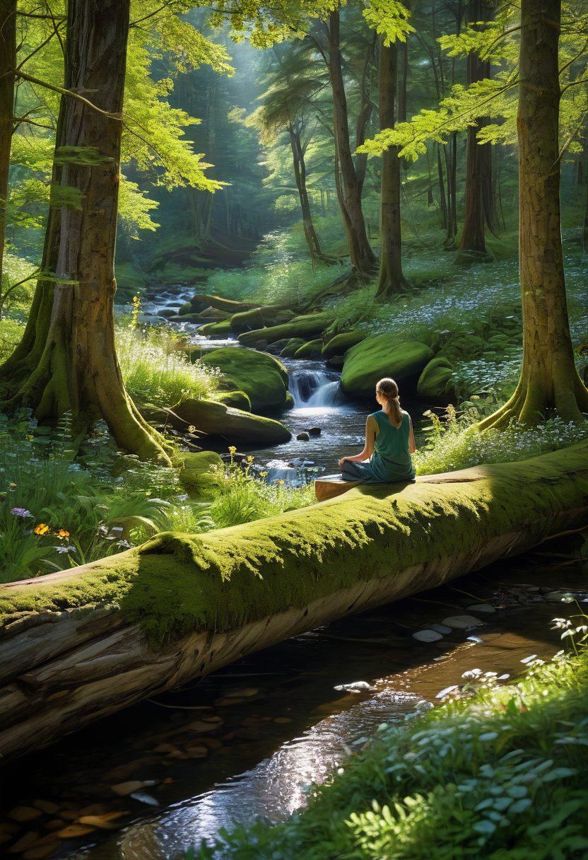 A serene forest scene with sunlight filtering through tall trees, dappled light illuminating a peaceful pathway. Include a person meditating on a soft moss-covered log, surrounded by vibrant green foliage and wildflowers. Birds are perched on branches, and a gentle stream flows in the background, creating a sense of calmness. The atmosphere should evoke tranquility and connection with nature. super-realistic. vibrant colors. peaceful ambiance.