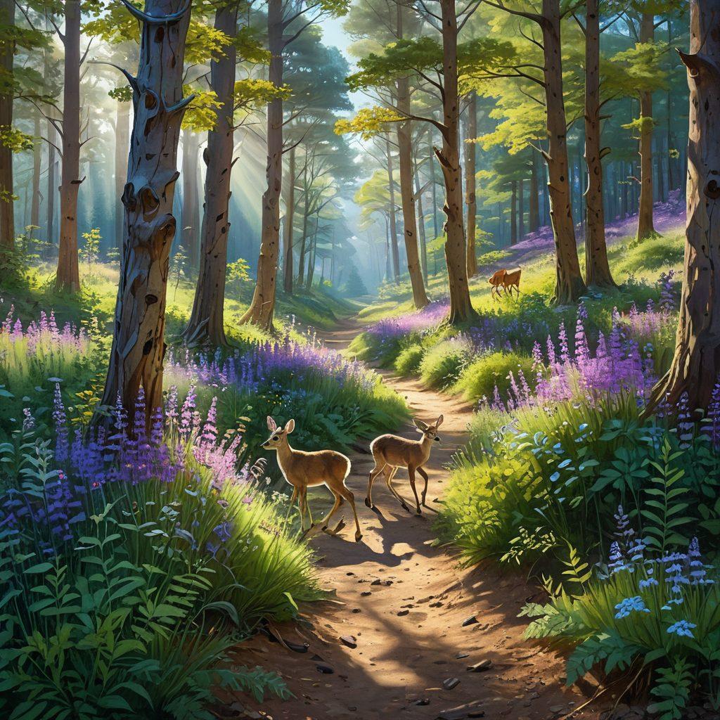 A picturesque forest landscape with sunbeams filtering through lush green treetops, a joyful family hiking on a winding trail, playful animals like deer and rabbits visible among the trees, vibrant wildflowers dotting the ground, and a clear blue sky above. super-realistic. vibrant colors. serene atmosphere.